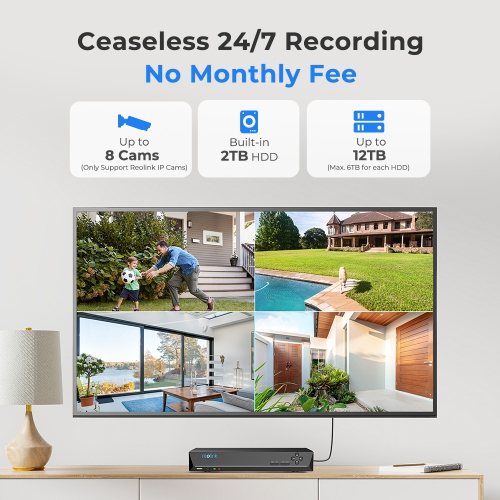 Reolink 5MP 8-Channel PoE Security Camera System, 2TB HDD Built-in, Person/Vehicle Detection, No Subscription Fee