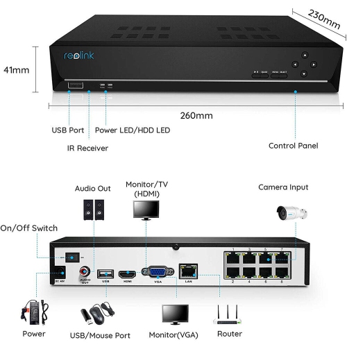 Reolink – Enregistreur vidéo réseau 4K à 8 canaux, prise en charge jusqu'à 12 Mpx, alimentation par Ethernet, HDD 2 To intégré, sans frais