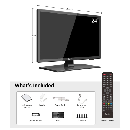 Sylvox 24inch RV TV, 12 Volt TV DC Powered Television, 1080P FHD RV TV with built in dvd player, Hi-Fi Speaker & FM Radio
