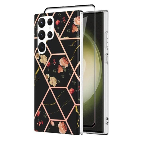 【SuperShield】For Samsung Galaxy S22 Ultra TPU Soft Case Slim Cute Men Women Lady Silicone Shockproof Protective Marble Case - Black With Free