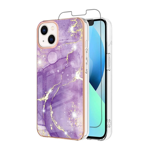 【SuperShield】For Apple iPhone 14 TPU Soft Case Slim Cute Men Women Lady Silicone Shockproof Protective Flower Pattern Case - Purple With Free Tempere