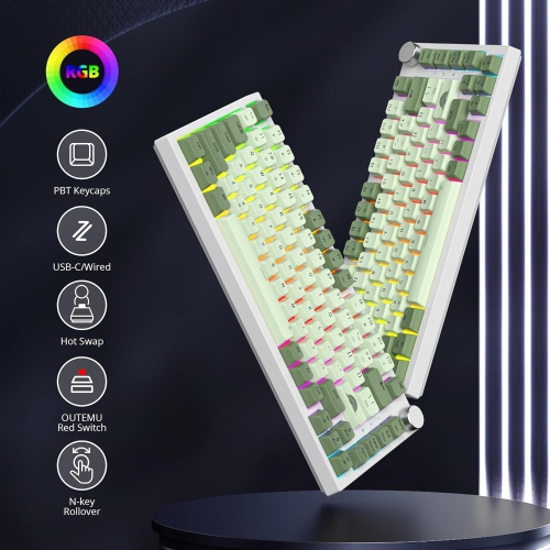 Wired 75% Mechanical Gaming Keyboard Matcha Keyboard Hot Swappable Gasket Mount, Red Switch, RGB Backlit 82 Keys TKL Mechanical Keyboard, Compact