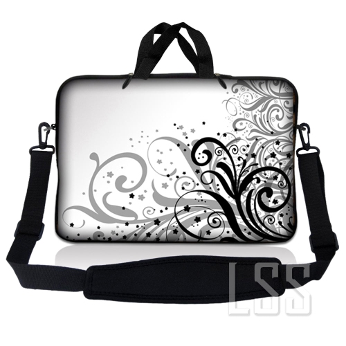 Laptop Skin Shop 12 - 13.3 inch Neoprene Laptop Sleeve Bag Carrying Case with Handle and Adjustable Shoulder Strap - Grey Swirl Black & White Floral
