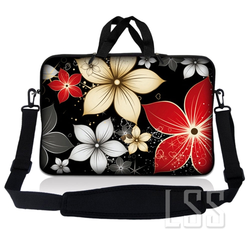 LSS  Laptop Skin Shop 12 - 13.3 Inch Neoprene Laptop Sleeve Bag Carrying Case With Handle And Adjustable Shoulder Strap - Black Gray Flower Leaves