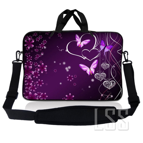 LSS  Laptop Skin Shop 8-10.2 Inch Neoprene Laptop Sleeve Bag Carrying Case With Handle And Adjustable Shoulder Strap - Heart Butterfly In Purple