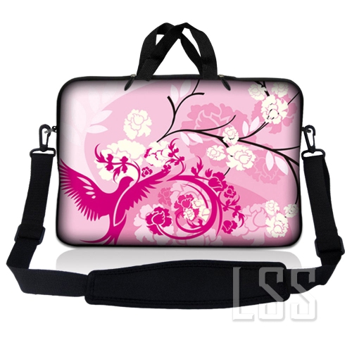 LSS  Laptop Skin Shop 12 - 13.3 Inch Neoprene Laptop Sleeve Bag Carrying Case With Handle And Adjustable Shoulder Strap - Pink Roses Bird Floral