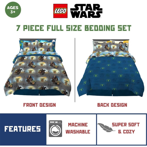 Lego Mandalorian 7 Pieces Full Size Bedding Super Soft Comforter and Sheet Set with Sham for Kids