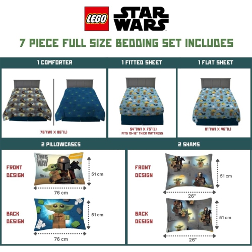 Lego Mandalorian 7 Pieces Full Size Bedding Super Soft Comforter and Sheet Set with Sham for Kids