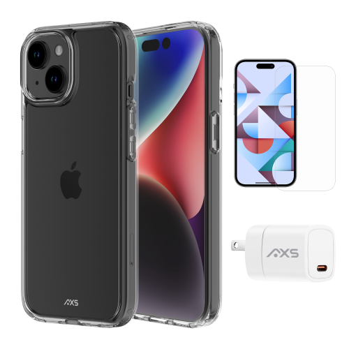 AXS BY AXESSORIZE  Axs Starter Kit Bundle | Ultra Clear Case, Screen Protector And 20W Charger for Apple Iphone 15