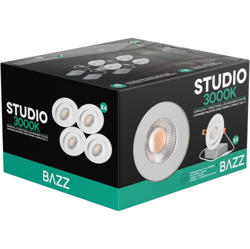 BAZZ 4 Pack Studio 3000K Integrated LED Recessed Light, Gimbal fixture, Matte White, DISK360W4