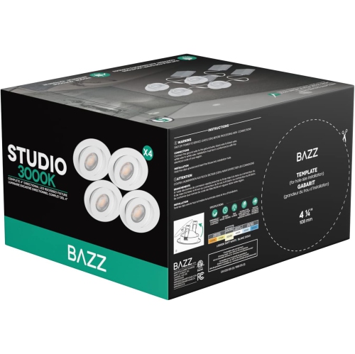 BAZZ 4 Pack Studio 3000K Integrated LED Recessed Light, Gimbal fixture, Matte White, DISK360W4