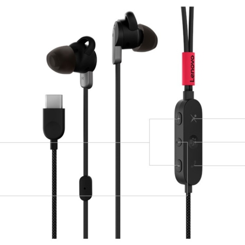 Lenovo In-Ear Active Noise Cancelling Headsets with Mic - Thunder Black