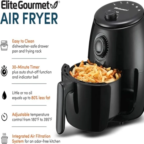 Elite Gourmet EAF-0201 2.1 Quart Electric Hot Air Fryer - Oil-Less Healthy Cooking, Timer & Temperature Controls | Space-Saving, PFOA/PTFE Free, 1000W
