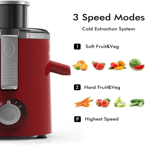 High-Speed Juice Extractor | 2.5" Large Feed Chute | 3-Speed Control | Cold Press Technology | Easy Clean | BPA-Free | Compact Design - Red