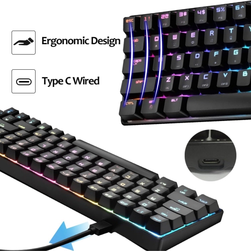 Gaming Keyboard 18 Chroma RGB Backlit 60% Percent Keyboard with Type C Red Switches 68 Keys Anti-ghosting Wired Gaming Keyboard for PC/Mac Gamer,