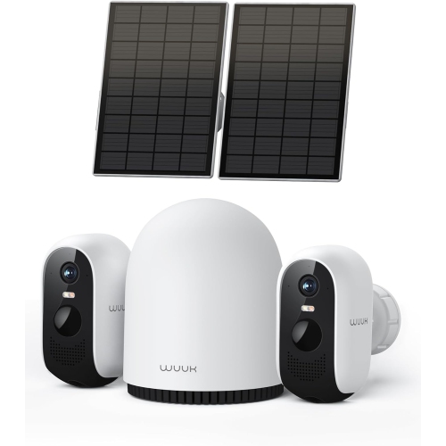 WUUK  No Subscription Solar-Powered Outdoor Security Cameras \w 32GB Storage Base Station, 2 Wireless Cameras Included, 2K Resolution, Compatible \w Great outdoor cameras