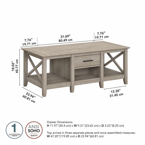 Bush Furniture Key West Coffee Table with Storage in Washed Gray
