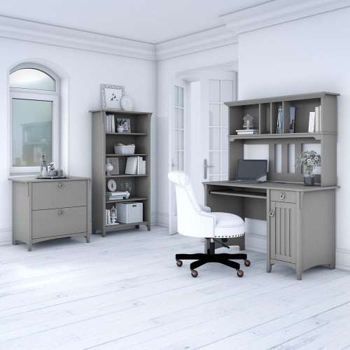 Desk with Hutch, Lateral File Cabinet and 5 Shelf Bookcase Cape Cod Gray