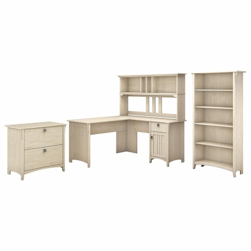 60W L Shaped Desk with Hutch, Lateral File Cabinet and 5 Shelf Bookcase