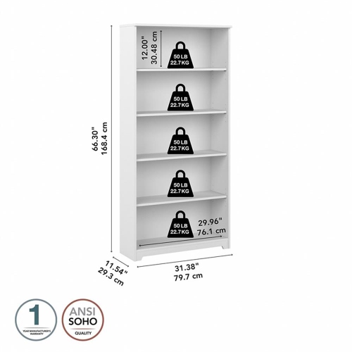 Bush Furniture Cabot Tall 5 Shelf Bookcase in White
