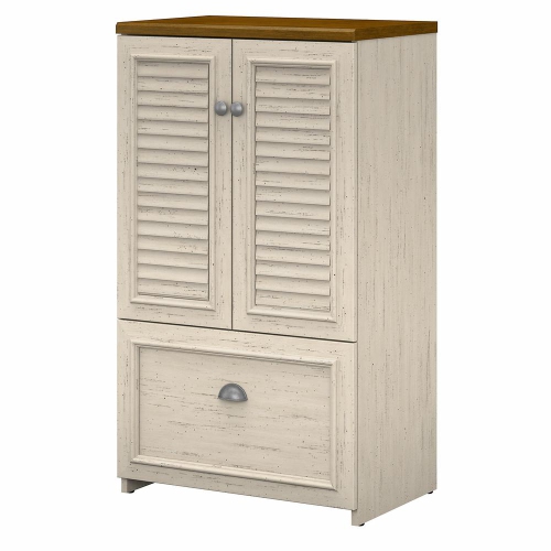 BUSH FURNITURE  Fairview 2 Door Storage Cabinet With File Drawer, Antique White/tea Maple