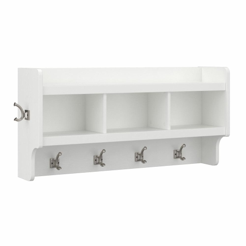 kathy ireland® Home by Bush Furniture Woodland 40W Wall Mounted Coat Rack with Shelf, White Ash