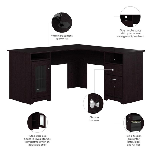 Cabot 60W L Shaped Computer Desk with Storage in Espresso Oak - Engineered Wood