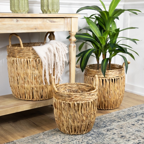 Set of 3 Textured Woven Water Hyacinth Rustic Storage Baskets with Handles 15.75"