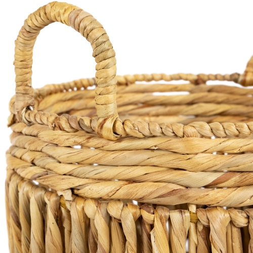Set of 3 Textured Woven Water Hyacinth Rustic Storage Baskets with Handles 15.75"