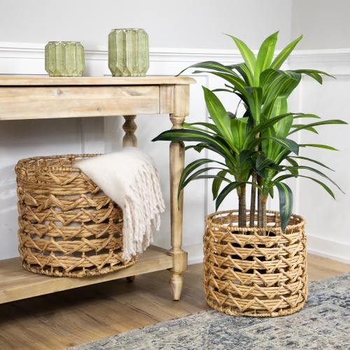 Set of 2 Wood-tone Open Fishtail Water Hyacinth Baskets with Built-in Handles15.75"