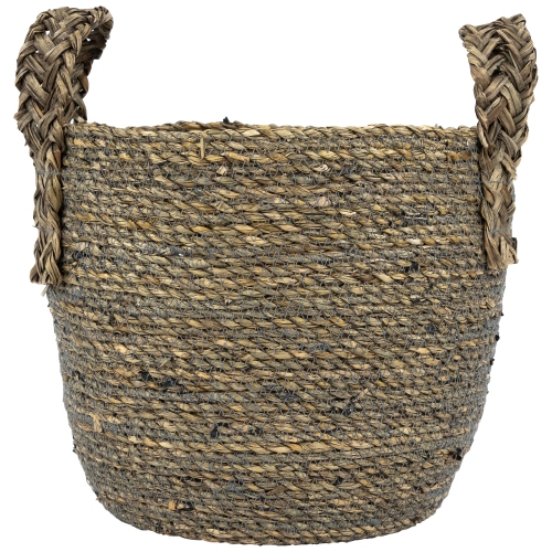Set of 3 Dark Brown Round Seagrass Storage Baskets with Braided Handles 13.5"
