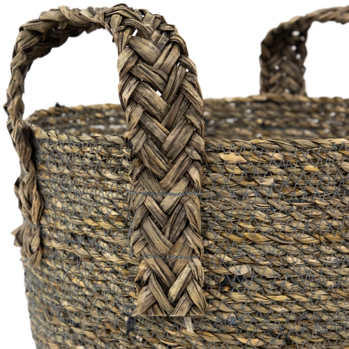 Set of 3 Dark Brown Round Seagrass Storage Baskets with Braided Handles 13.5"