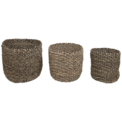Set of 3 Striped Beige and Black Woven Seagrass Storage Baskets 14"