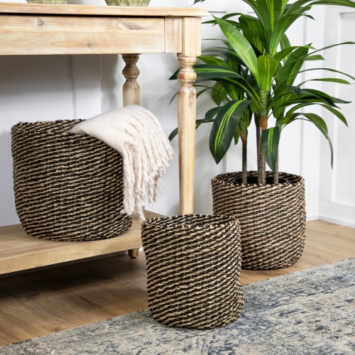 Set of 3 Striped Beige and Black Woven Seagrass Storage Baskets 14"