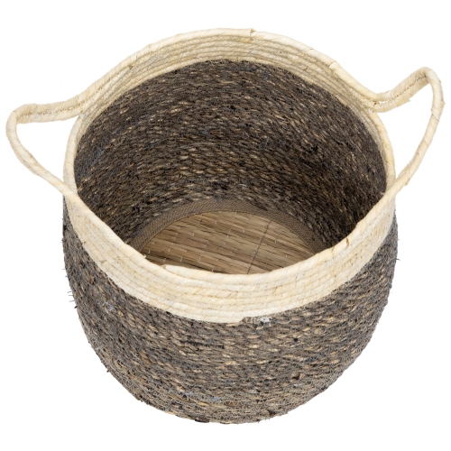 Set of 3 Beige and Brown Woven Seagrass Storage Baskets with Built-in Handles 13.25"