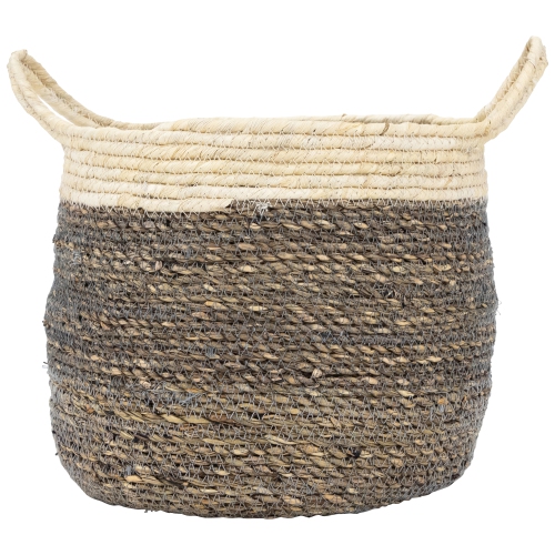 Set of 3 Beige and Brown Woven Seagrass Storage Baskets with Built-in Handles 13.25"