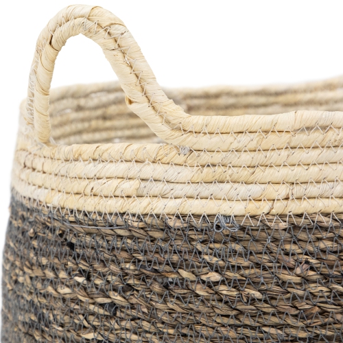 Set of 3 Beige and Brown Woven Seagrass Storage Baskets with Built-in Handles 13.25"