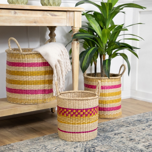 Set of 3 Striped Fuchsia and Yellow Seagrass Woven Baskets with Handles 13.75"
