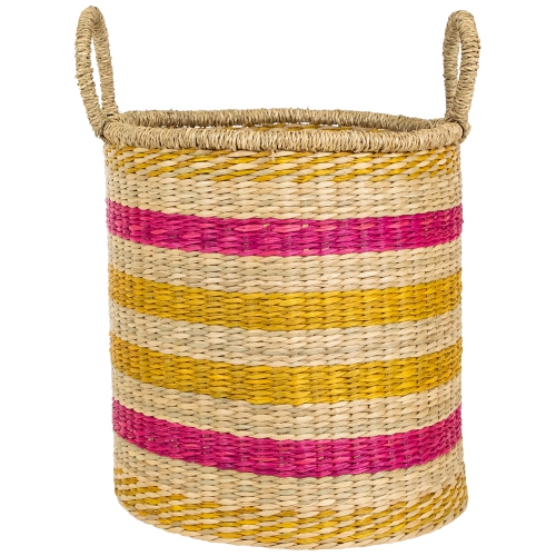 Set of 3 Striped Fuchsia and Yellow Seagrass Woven Baskets with Handles 13.75"