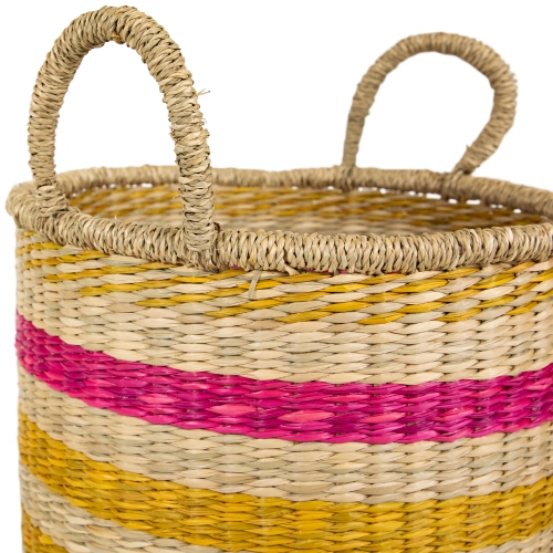 Set of 3 Striped Fuchsia and Yellow Seagrass Woven Baskets with Handles 13.75"