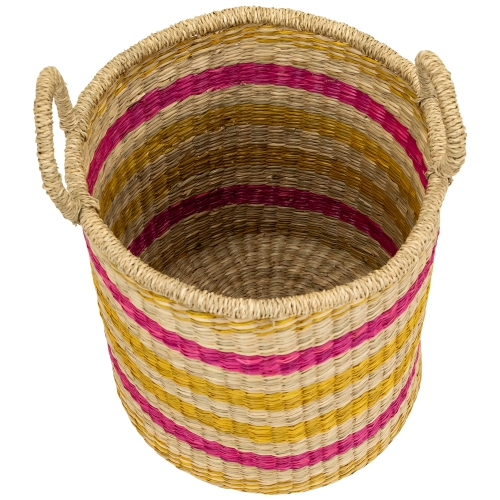 Set of 3 Striped Fuchsia and Yellow Seagrass Woven Baskets with Handles 13.75"