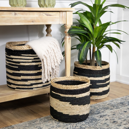Set of 3 Black and Beige Zig Zag Sew Seagrass Storage Baskets 15.5"