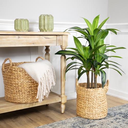 Set of 2 Beige Textured Water Hyacinth Woven Storage Baskets with Handles - 15.75"