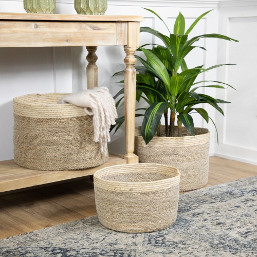 Set of 3 Twisted Weave and Zig Zag Sewn Seagrass Storage Baskets 16.5"