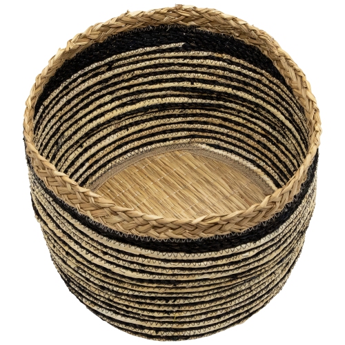 Set of 3 Tan and Black Striped Seagrass Storage Baskets with Braided Trim 17"