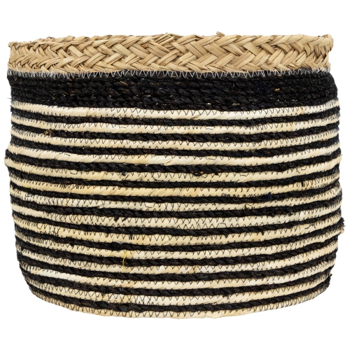 Set of 3 Tan and Black Striped Seagrass Storage Baskets with Braided Trim 17"