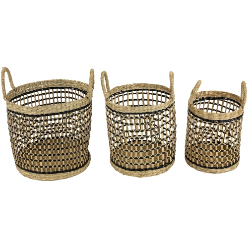 NORTHLIGHT  Set Of 3 Open Honeycomb Weave Seagrass Storage Baskets With Handles 11.75"