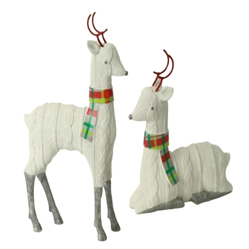MELROSE  Set Of 2 Off-White Faux Knit Reindeer Christmas Table Top Figures