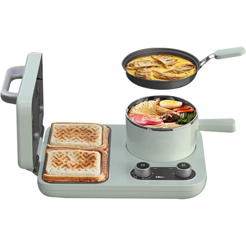 BEAR All-in-1 Breakfast Station with Sandwich/Bread/Egg/Waffle/Hamburger Maker, Soup/Milk/Congee Boiler - Green
