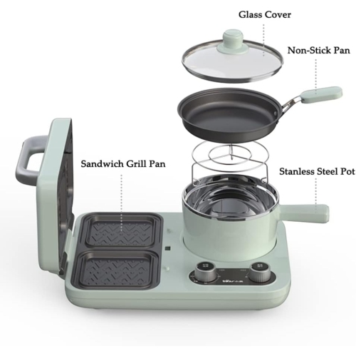 BEAR All-in-1 Breakfast Station with Sandwich/Bread/Egg/Waffle/Hamburger Maker, Soup/Milk/Congee Boiler - Green
